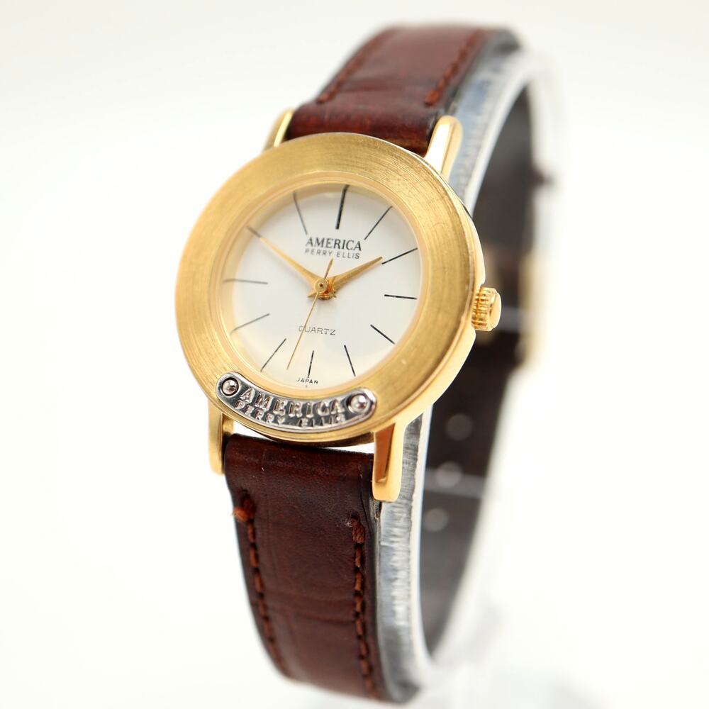 Vintage America Perry Ellis Gold Tone 27mm Watch Brown Leather w New Battery